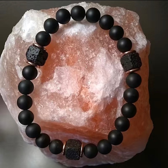 Matte Black Onyx Cubic Lava Stone Beaded Bracelet Stretch Bracelet Men’s NWT - Picture 2 of 10